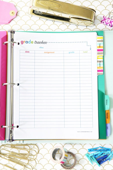 Grade Tracker Printable, Student Binder with Free Printables for Back-to-School, study aids, high school organization, college organization, middle school organization, pretty printables, printables for girls, printables for boys, resources for students, back to school, graduation gift, student organization, teacher printables