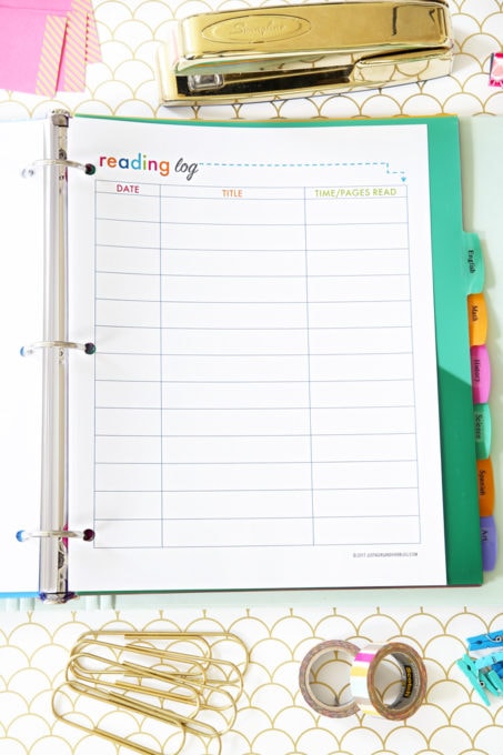 Reading Log Printable, Student Binder with Free Printables for Back-to-School, study aids, high school organization, college organization, middle school organization, pretty printables, printables for girls, printables for boys, resources for students, back to school, graduation gift, student organization, teacher printables