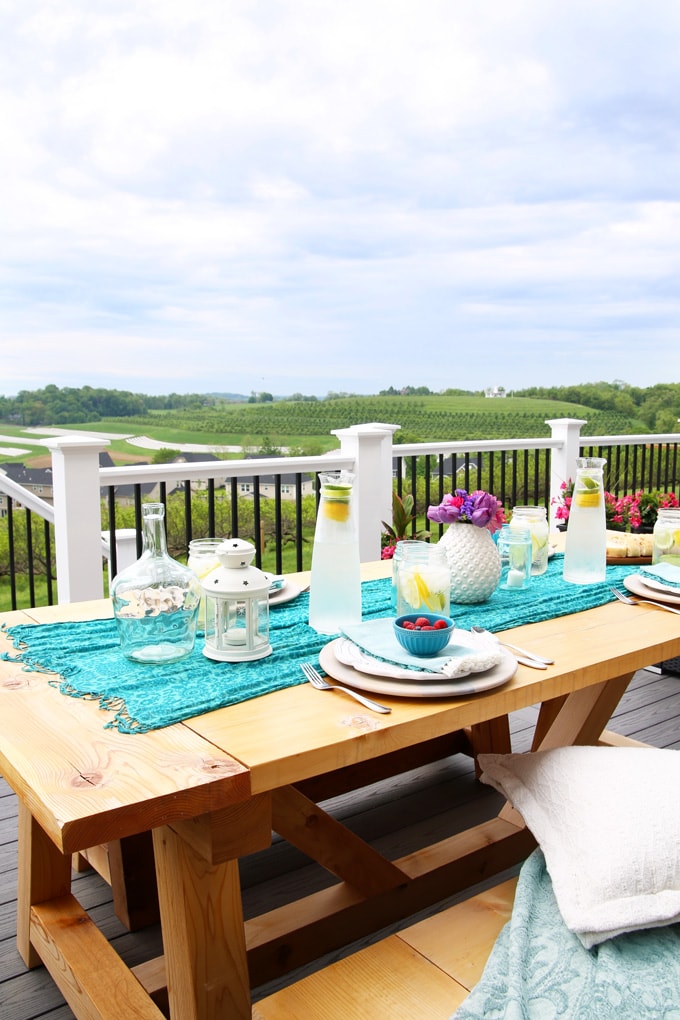 Farmhouse DIY Table and Benches, Outdoor Summer Deck Decorating Ideas