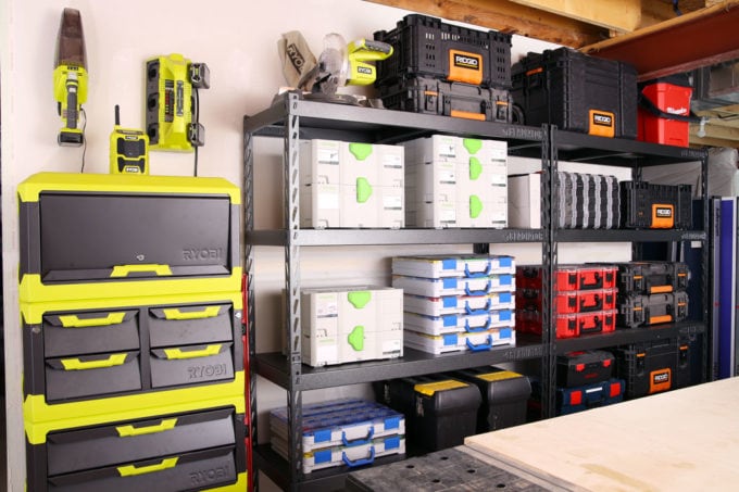 Organized Tools and Hardware in a Basement Workshop