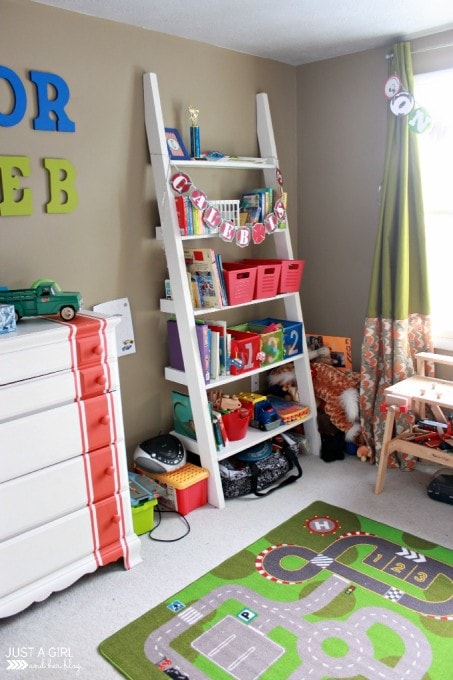 cluttered toy shelf and corner