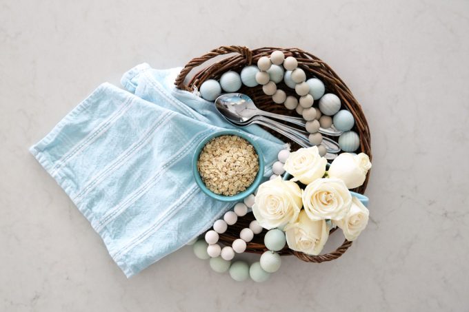 top view of decorative items on a quartz counter