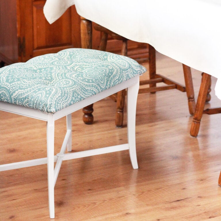 DIY Tufted Bench with White Legs and Aqua Fabric