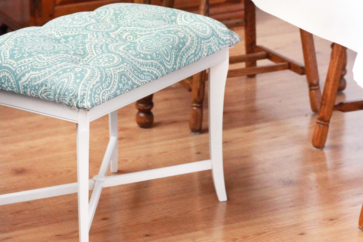 DIY Tufted Bench with White Legs and Aqua Paisley Fabric