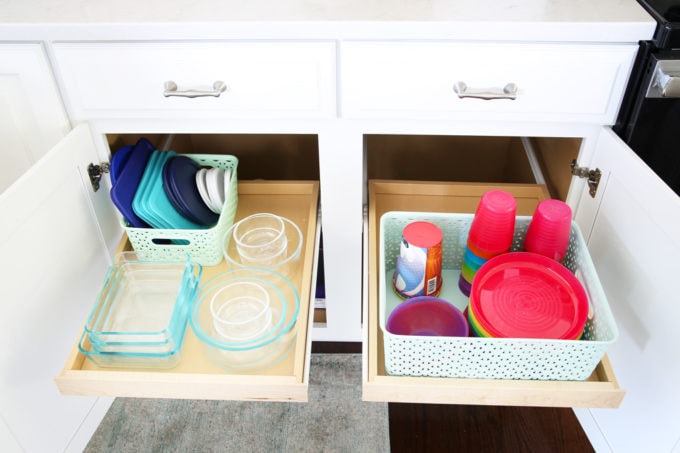 Tupperware and Kids' Plates, Cups, and Bowls in an Organized Kitchen