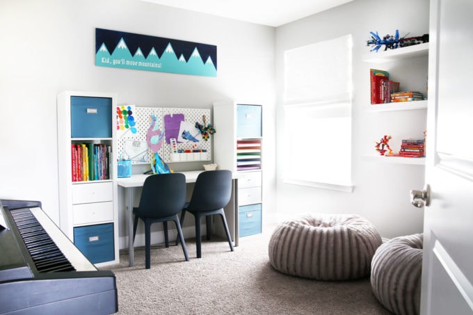 Organized Tween Hangout Room with Art Station and Beanbag Chairs