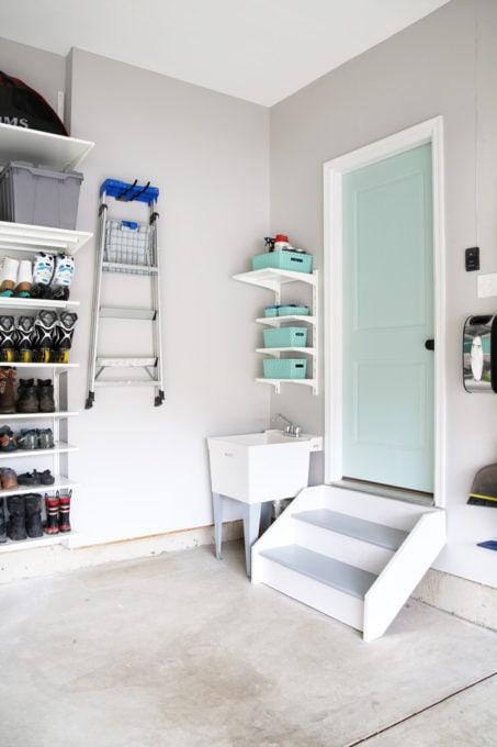 Door Painted with Sherwin Williams Rainwashed in an Organized Garage