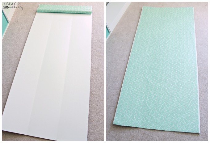 Covering the backing of a white bookcase with mint wrapping paper