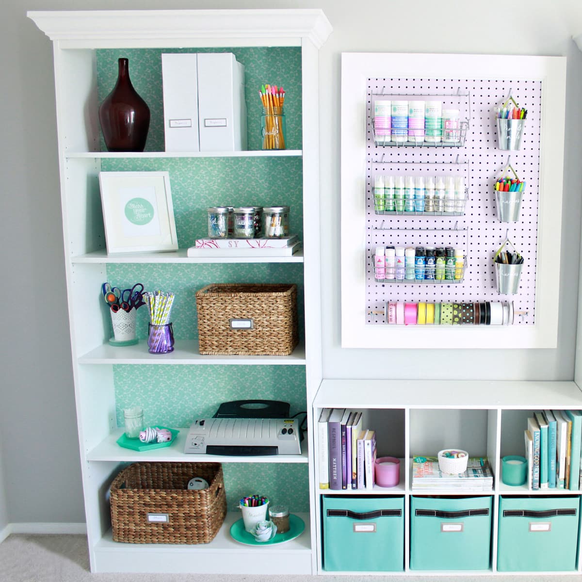 Bookshelves Updated with Mint Wrapping Paper Background