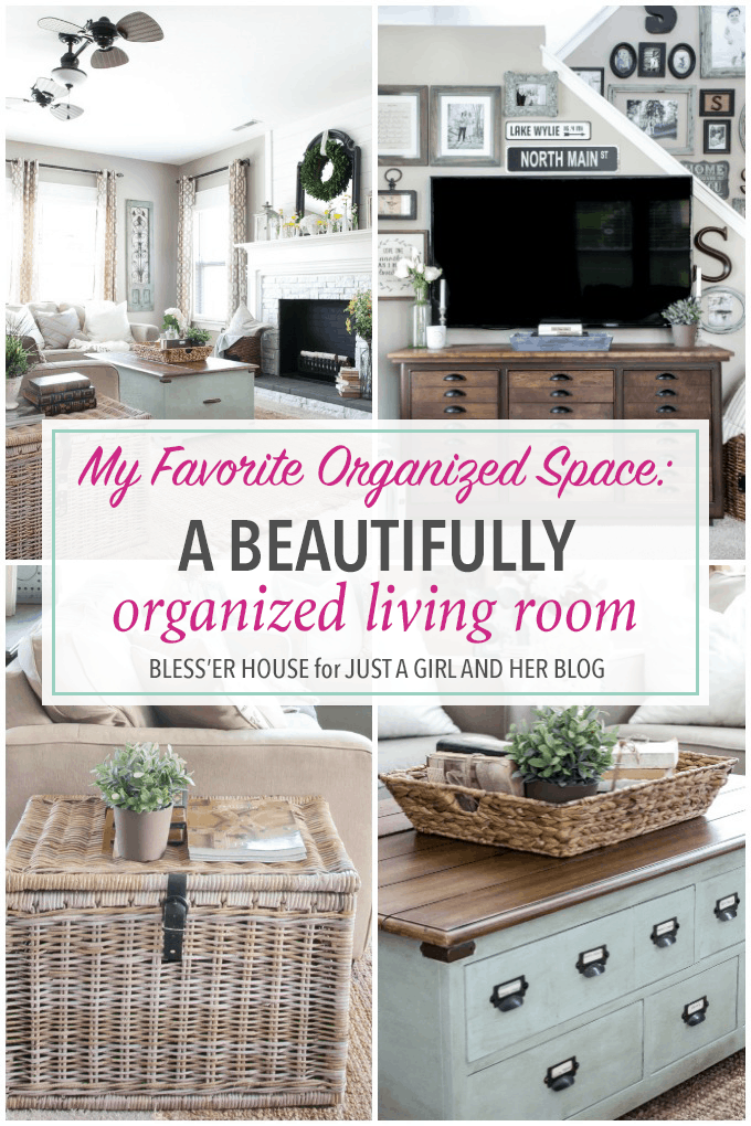 Love this gorgeous and organized living room from Lauren at Bless'er House! She really incorporates storage into the space so beautifully! Click through to the post to see how she does it!