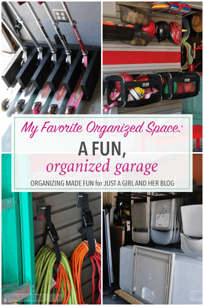 Love this fun, organized garage space! So many creative storage ideas! Click through to the post to see them all!