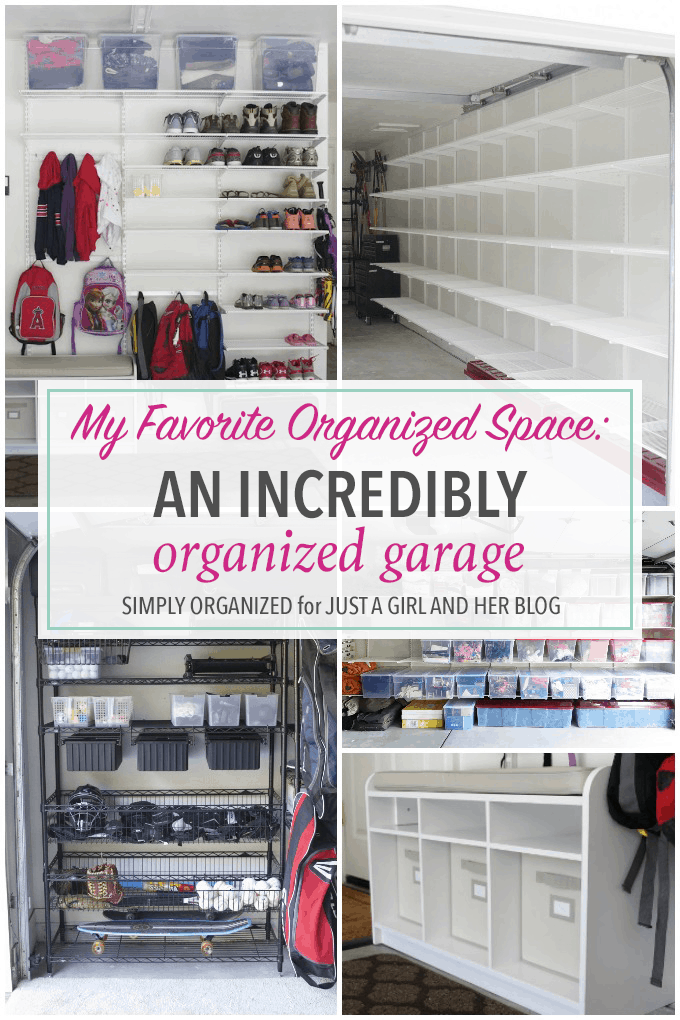 This organized garage is amazing! I want to use so many of her ideas to organize my garage! Click through to the post to see it all!