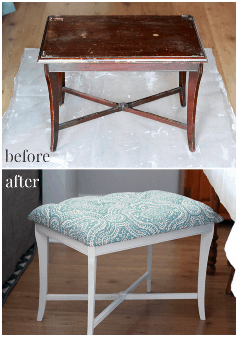 before and after photos of a tufted bench