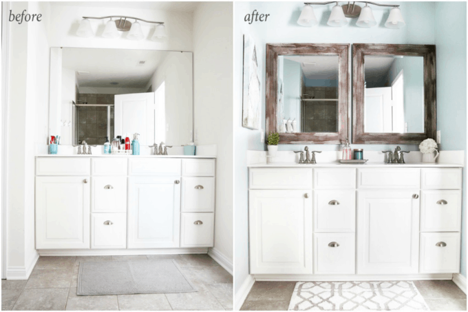 before and after of bathroom mirrors that were updated