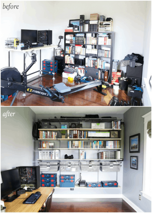 before and after of updating Donnie's masculine office