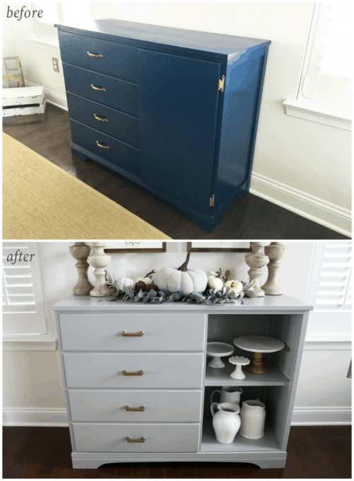 before and after of the dresser turned into a sideboard