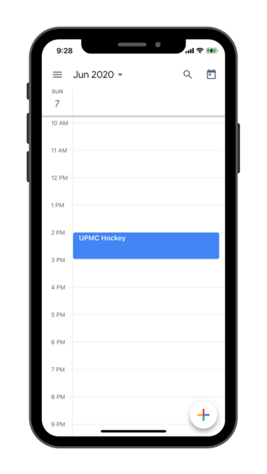 Hockey event on a Google Calendar on an iPhone