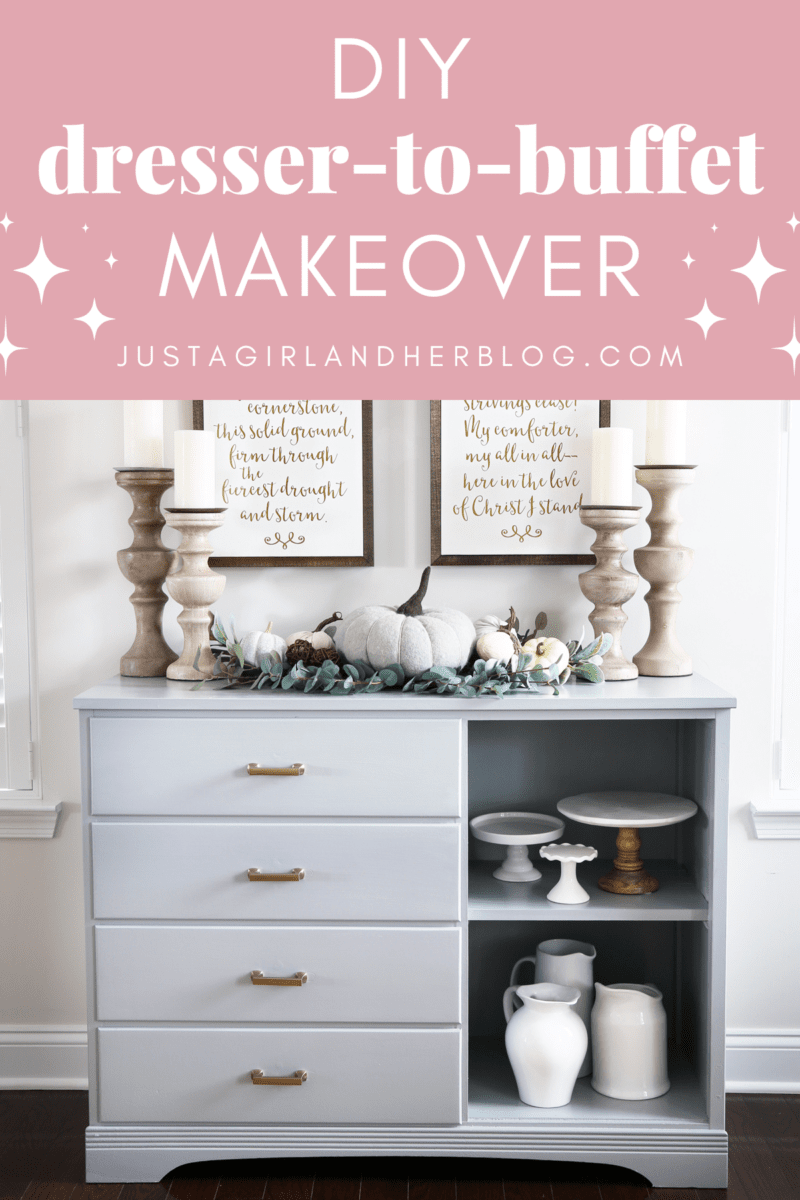 DIY Dresser to Buffet Makeover finished project with text overlay