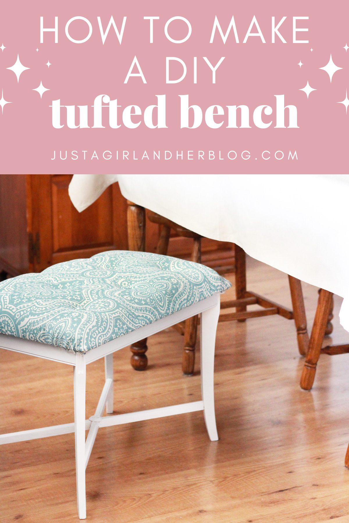 a DIY tufted bench next to a table with text overlay.