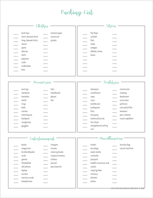 Free Printable List of Things to Pack when You Go on Vacation