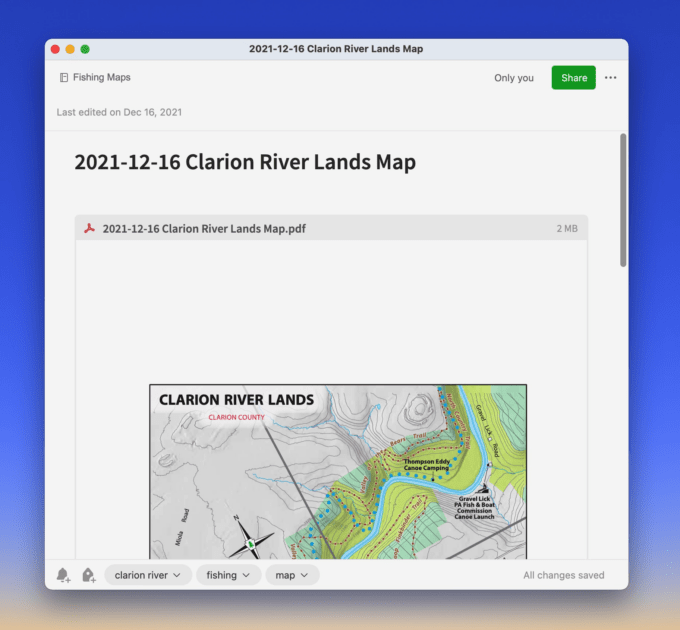Fishing Map in an Evernote note