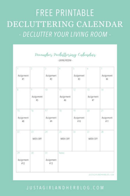 Free Printable Decluttering Calendar for Decluttering the Living Room