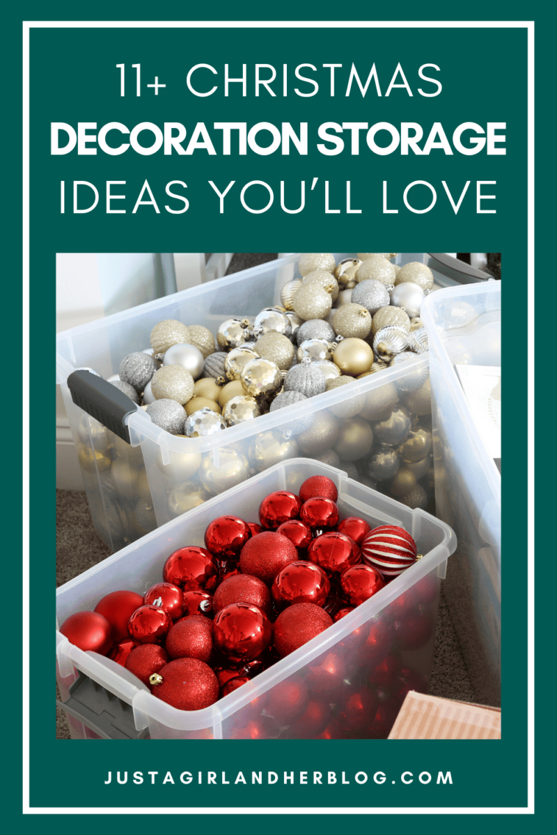 Storage boxes filled with red, gold, and silver Christmas ornaments. The image features text: "11+ Christmas Decoration Storage Ideas You'll Love." Discover smart Christmas decoration storage ideas at Justagirlandherblog.com.