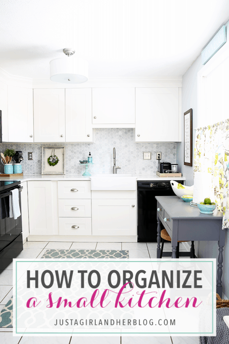 Awesome tips and tricks for organizing a small kitchen-- and proof that small kitchens can be beautiful too! Click through to the post for her amazing organization tips!