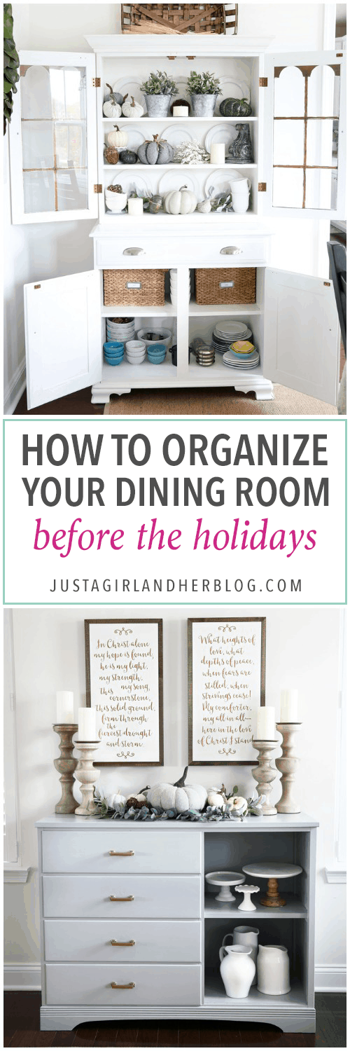 Home Organization- How to Organize Your Dining Room Before the Holidays, organized dining room, hutch organization, sideboard organization, organized buffet, dining room storage, free organization, organization on a budget, organized dining room tour video, Christmas, Thanksgiving