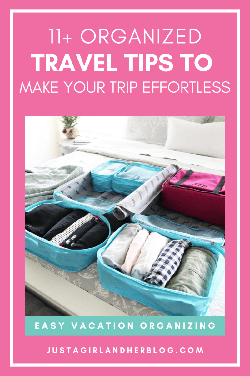 Hot pink border with open suitcase on bed photo with text that says 11+ organized travel tips to make your trip effortless