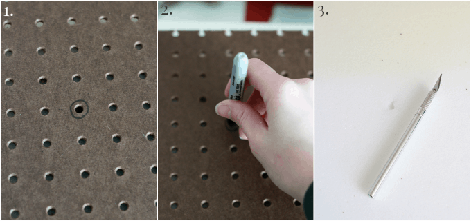 three image collage showing how we marked the pegboard and cut the cushion.