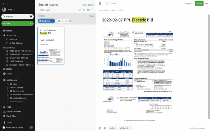 Screenshot from Evernote with every instance of the word "electric" highlighted