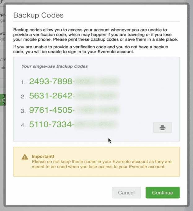 Single Use Backup Codes in Evernote