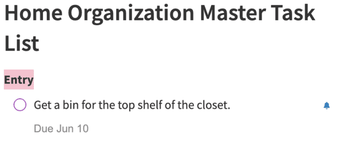 A non-recurring task in Evernote that reads "Get a bin for the top shelf of the closet."