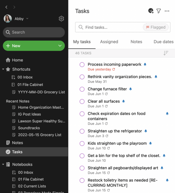 Tasks Pane on the Sidebar in Evernote