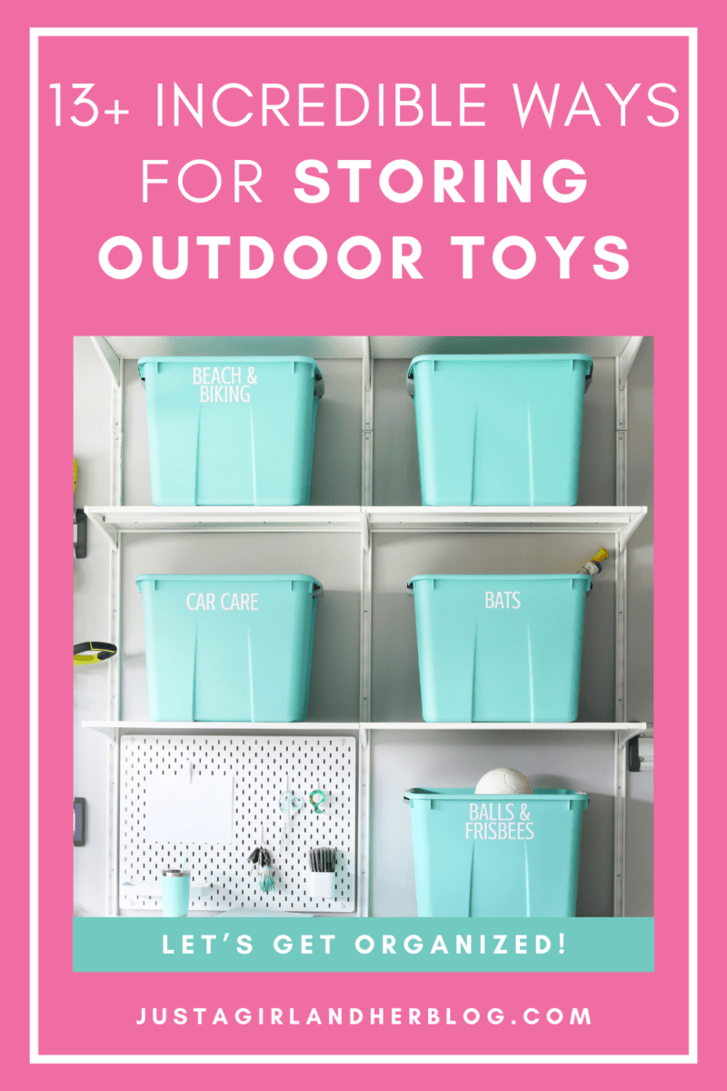 Teal storage bins on a garage shelving rack used for storing outdoor toys