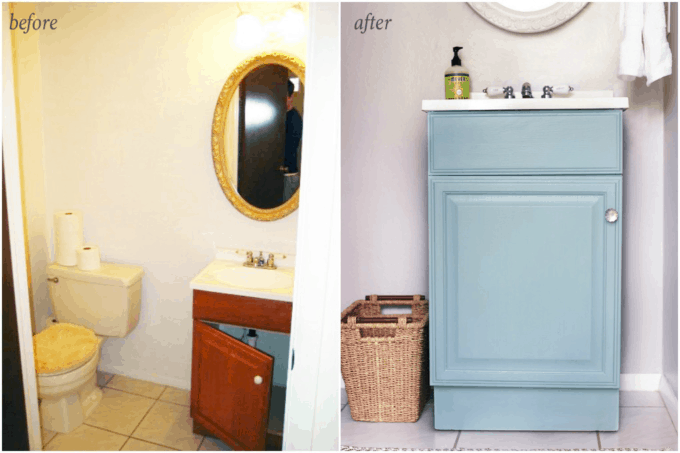 before and after of another small bathroom vanity that has been updated with paint and hardware