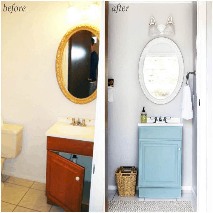 before and after of small powder room update