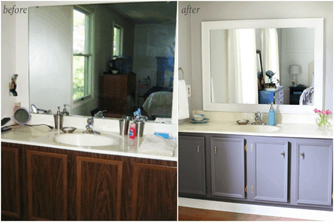 before and after painting the bathroom vanity and replacing the mirror.